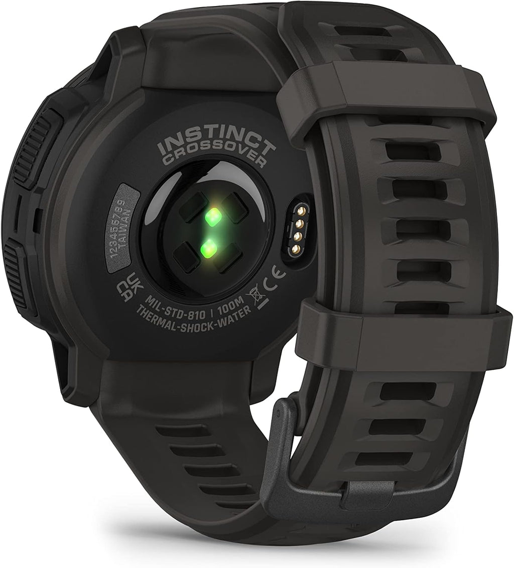 Garmin Instinct Crossover Solar, Rugged Hybrid Multisport GPS Smartwatch, Graphite | Heart Rate Monitor, Analog Hands, Digital Display, Up to 28 Day Battery Life with Signature Series Charging Bundle