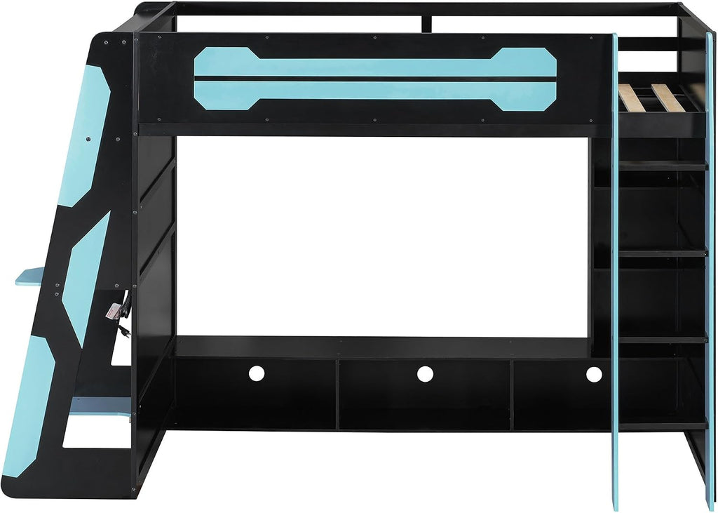 LUMISOL Twin Size Gaming Loft Bed with Desk, RGB LED Lights & Charging Stations, Wood Loft Bed Frame with Storage Bookshelves for Kids, Teens & Adults, Blue + Black