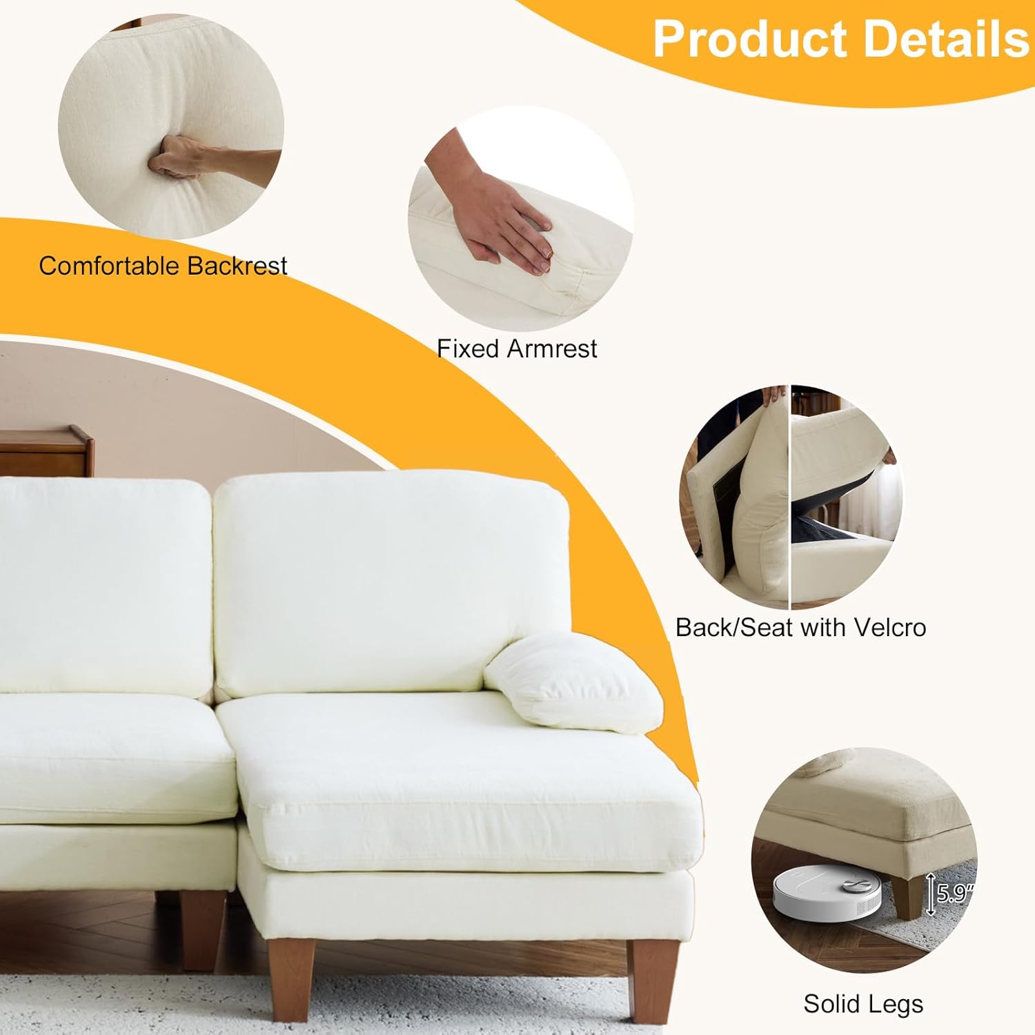 Karl home 111' Sectional Sofa U-Shaped 4-Seat Couch with Chaises Wood Grian Legs Chenille Fabric Upholstered for Living Room, Apartment, Office, Beige
