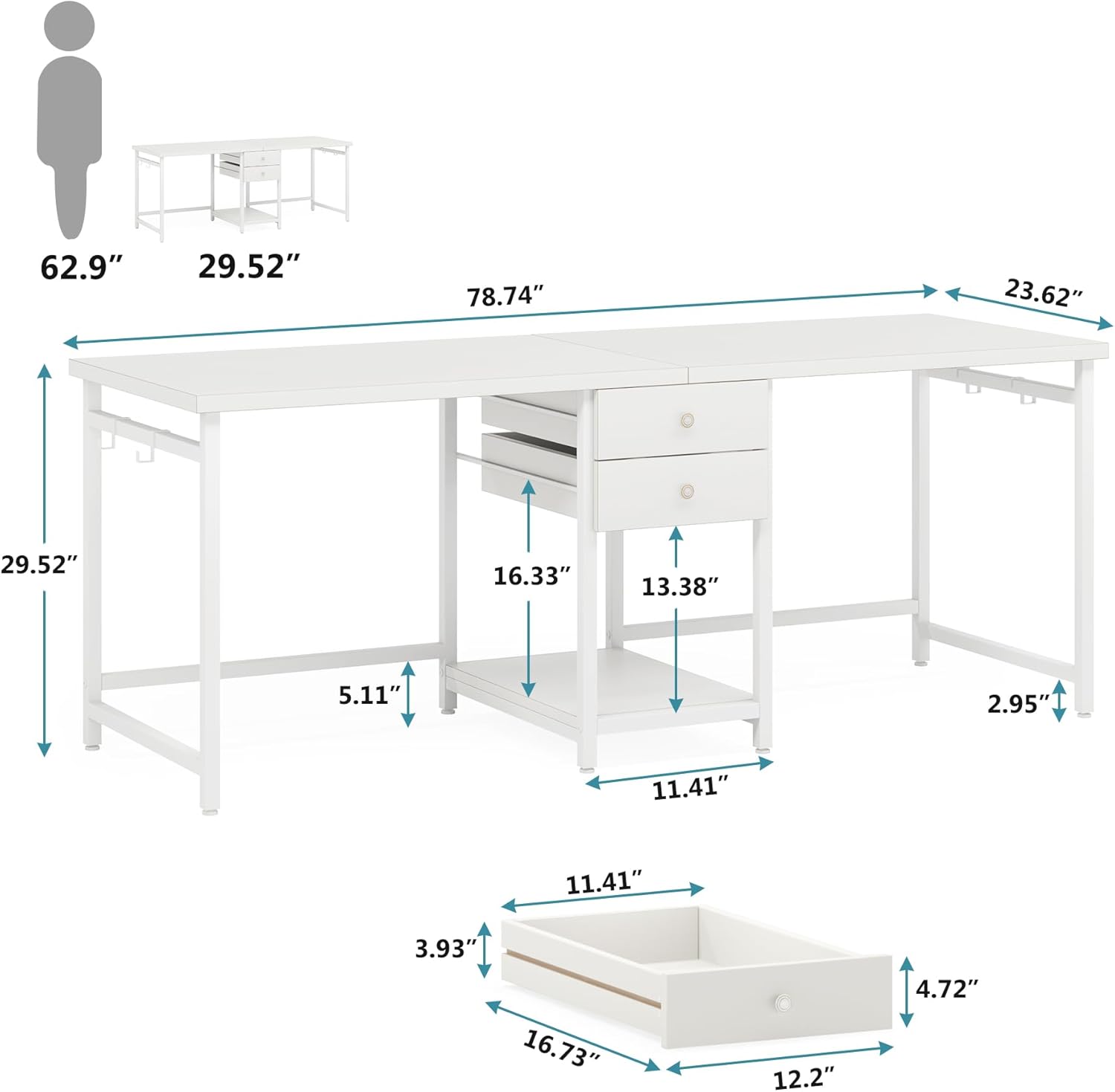 Tribesigns 79 Inch Extra Long Double Desk with 2 Drawers, Two Person Computer Desk with Storage Shelves, Writing Table Study Desk for Home Office, White