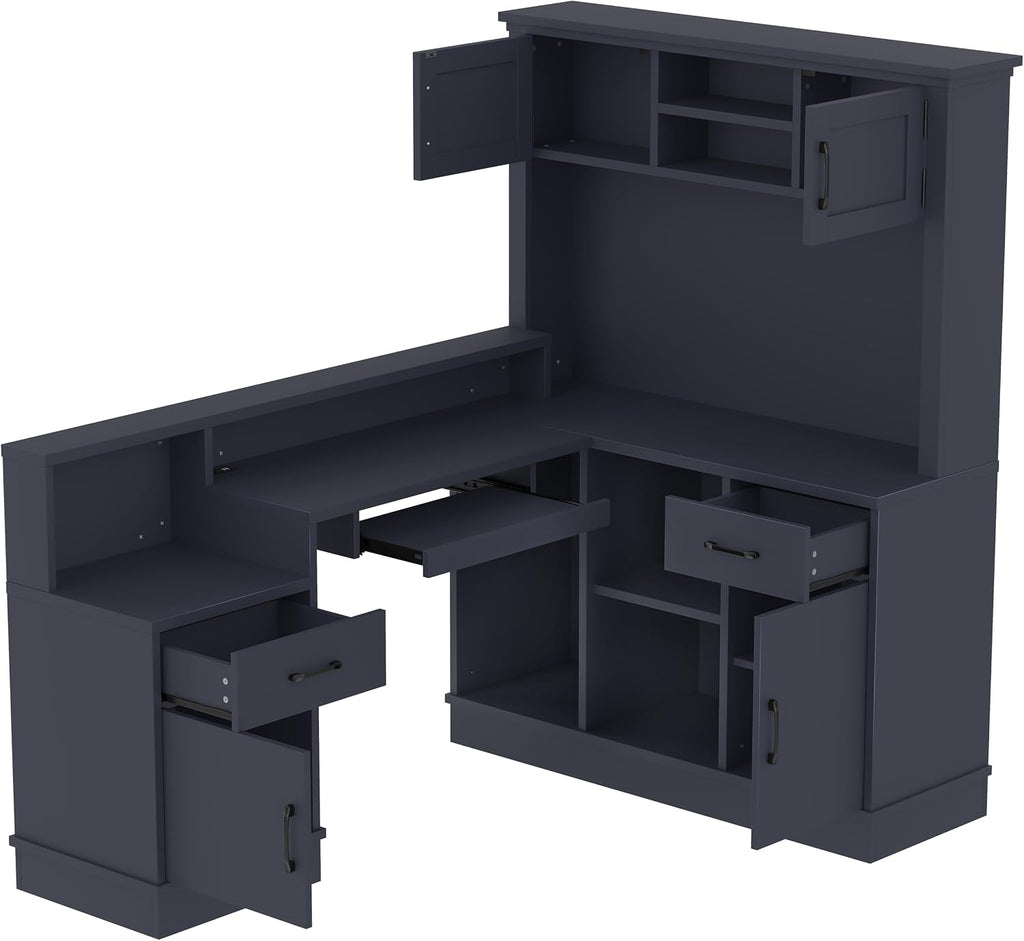 Bellemave L-Shaped Computer Desk with Power Outlet & Storage - Modern Corner Gaming Desk with Bookshelf and Drawers, Study Writing Workstation for Home Office, Blue