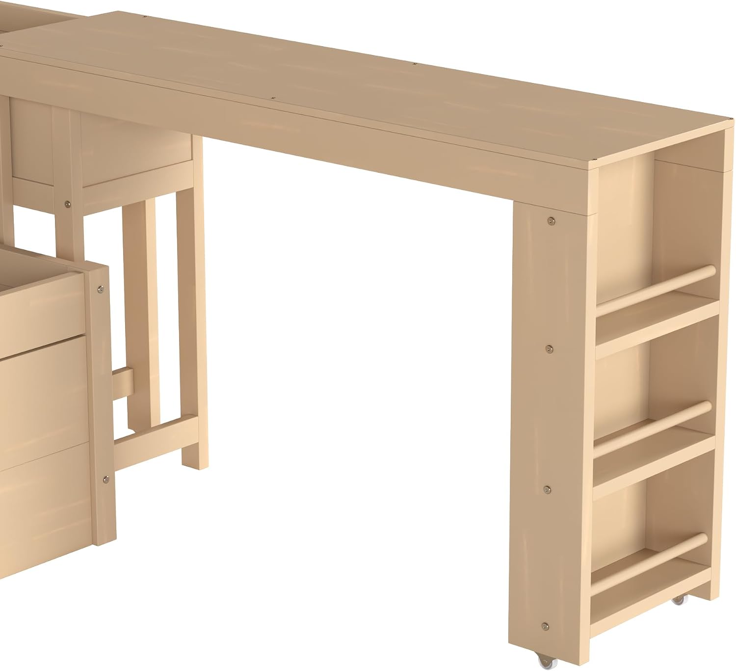 SOFTSEA Twin Size Corner Bed with Trundle & Storage Drawers, Wood Daybed with Desk and Bookcase Headboard, Twin Corner Daybed with Storage Shelves for Kids Teens Adults, Golden