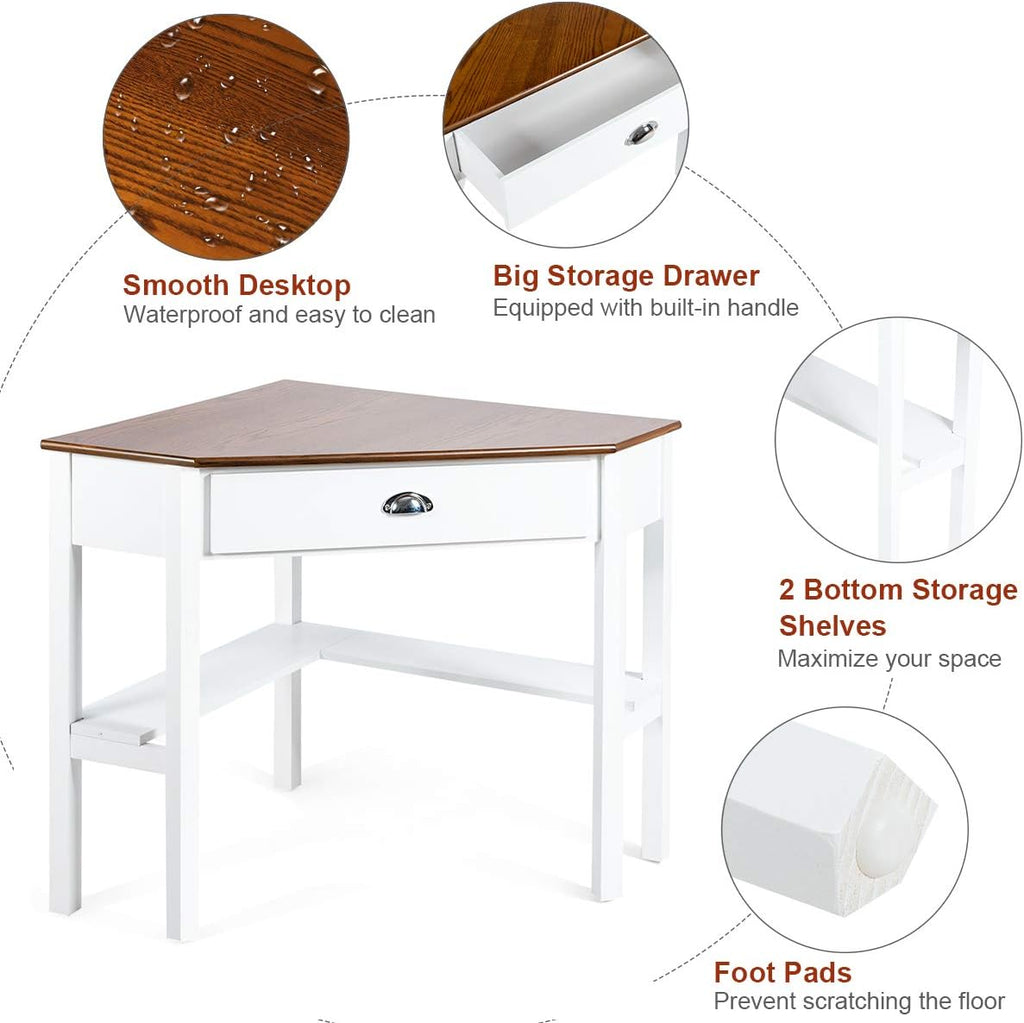 Tangkula Corner Desk, Corner Computer Desk with Drawer for Small Space, Small Corner Makeup Vanity Desk, 90 Degrees Triangle Corner Desk with Storage Shelves (Natural & White)