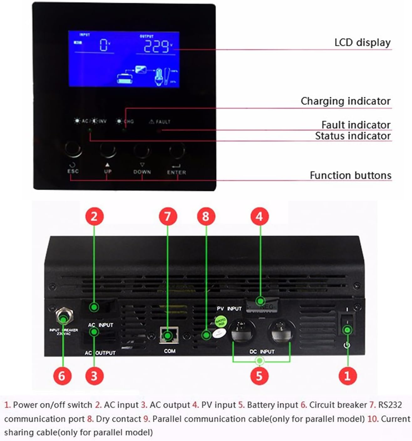 Hybrid Solar Inverter 24V Pure Sine Wave Inverter 2400W 3KVA Solar Panel Generator Portable Wechselrichter