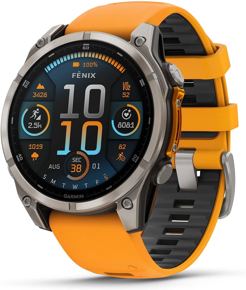 PlayBetter Garmin Fenix 8 AMOLED Sapphire (47mm, Titanium/Spark Orange) Multisport GPS Smartwatch Bundle - 1.4' Touchscreen, Built-in LED Flashlight Wireless Running Earbuds