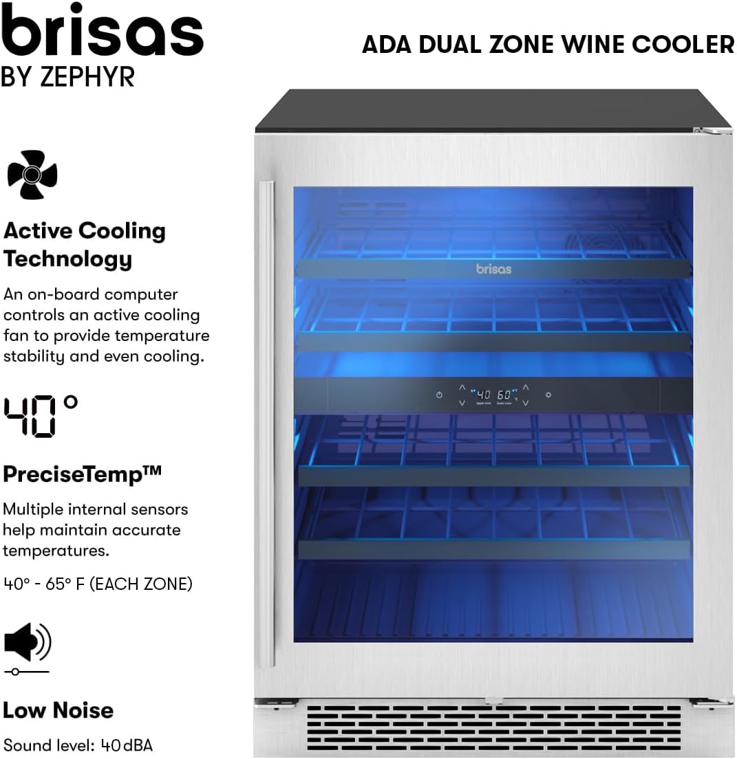 Zephyr Brisas 24' Wine Fridge ADA Dual Zone Under Counter - Countertop Mini Wine Cooler Cellars Small Cabinet Wine Refrigerator Home Bar Chiller Freestanding with Glass Door - 38 Bottles 750ml