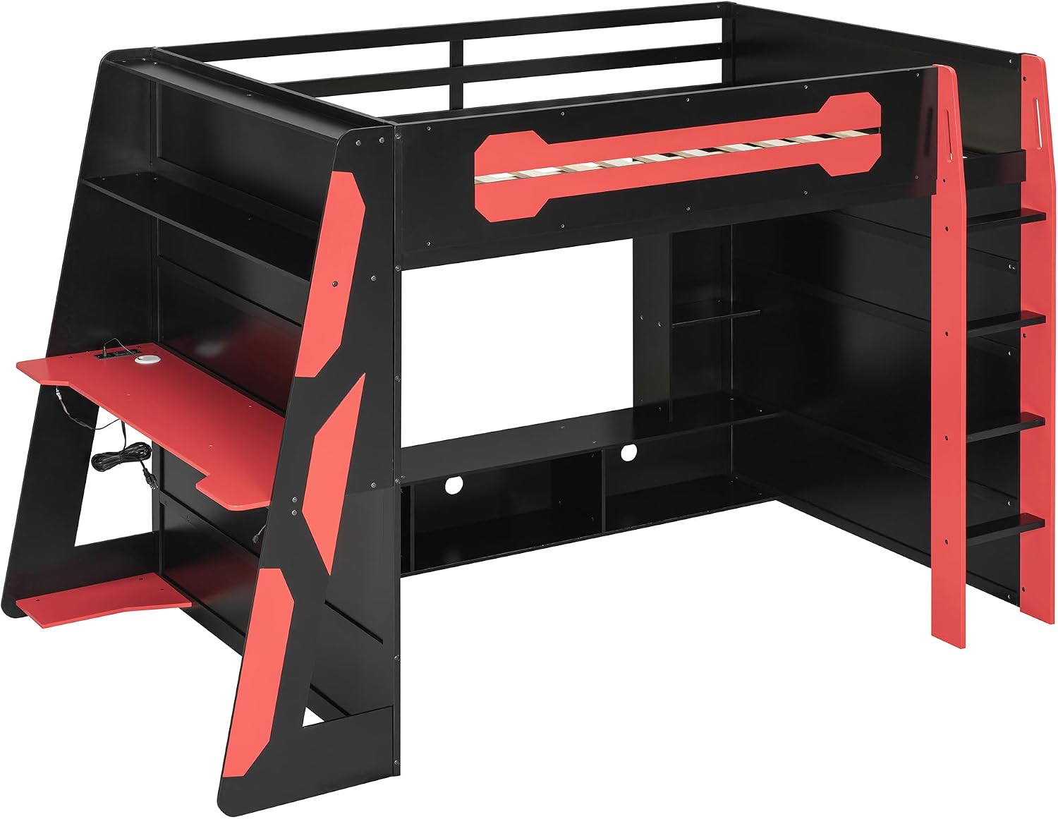 LUMISOL Full Size Gaming Loft Bed with Desk, Multi-Storage Shelves, RGB LED Lights & Built-in Charging Stations for Teens & Adults, Heavy Duty Support, Red Black
