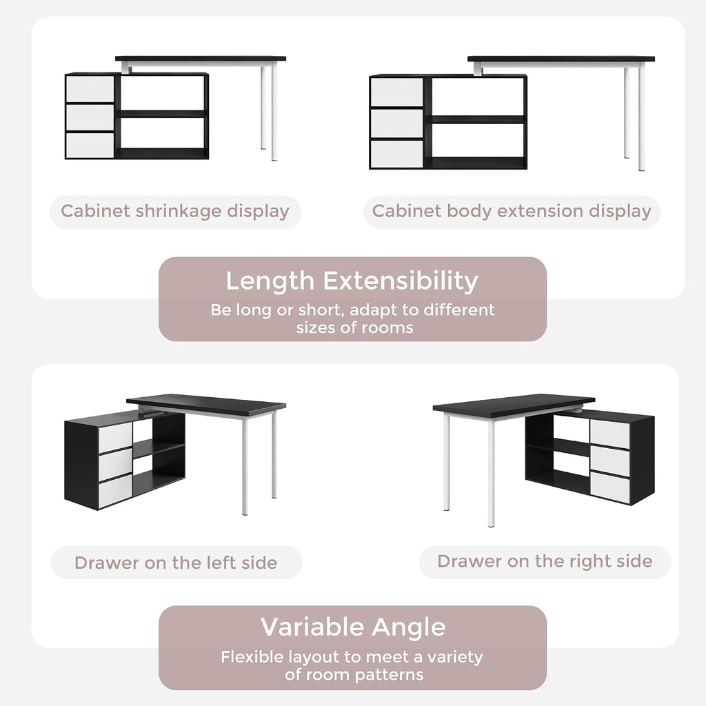 Home Office Computer Desk Corner Desk with 3 White Drawers and 2 Shelves, 53-inch L-Shaped Study Desk with Storage, Black + White