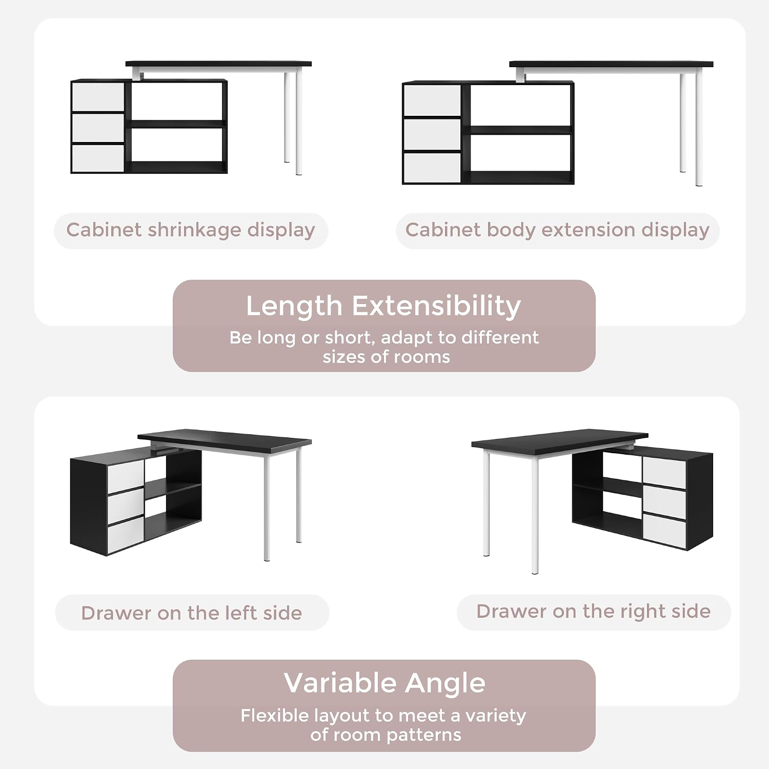 Home Office Computer Desk Corner Desk with 3 White Drawers and 2 Shelves, 53-inch L-Shaped Study Desk with Storage, Black + White