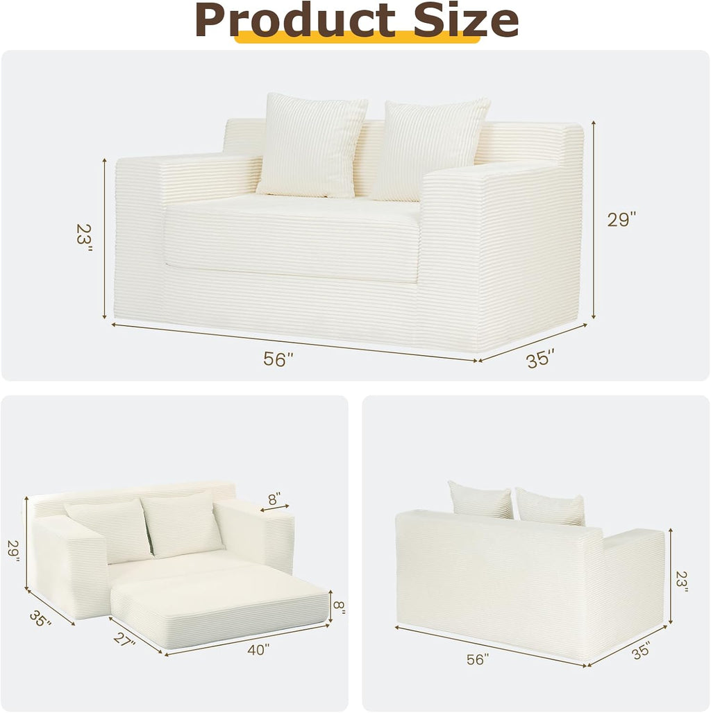 cidludto Convertible Sofa Bed, 3 in 1 Loveseat Folding Couch Bed Foldable - Chaise Lounge Chair & Floor Futon Sleeper, Corduroy Pull Out Sofa Bed with 4 Pillows for Living Room, Beige