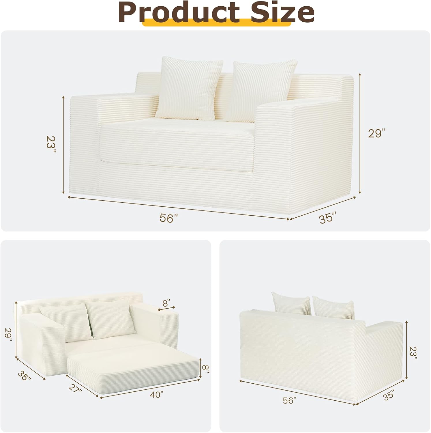 cidludto Convertible Sofa Bed, 3 in 1 Loveseat Folding Couch Bed Foldable - Chaise Lounge Chair & Floor Futon Sleeper, Corduroy Pull Out Sofa Bed with 4 Pillows for Living Room, Beige
