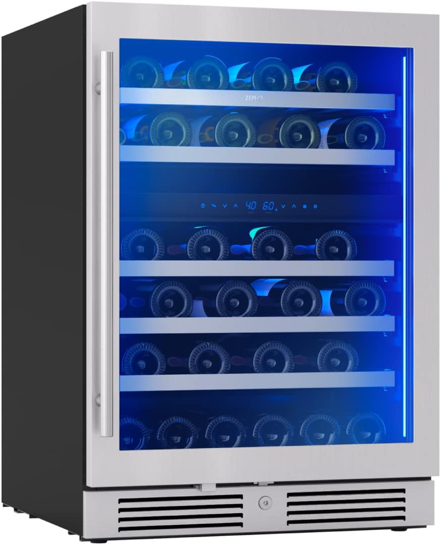 Zephyr Presrv 24' Wine Fridge Dual Zone Under Counter - Countertop Mini Wine Cooler Cellars Small Cabinet Wine Refrigerator Home Bar Chiller Freestanding with Glass Door, 45 Bottles 750ml