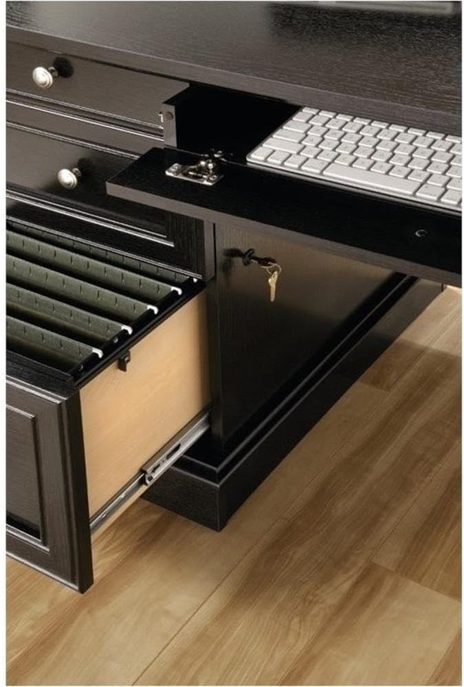 BOWERY HILL L-Shape Home Office Executive Desk with Large Drawers, Letter Size Hanging File Drawer and CPU Tower in Wind Oak Finish