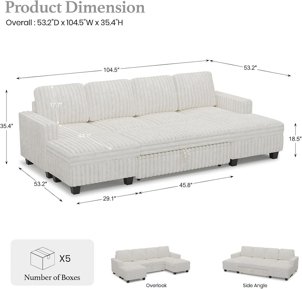 Belffin Modular Sectional Sleeper Sofa with Pull Out Couch Bed Corduroy Double Chaise with Storage Beige Couch