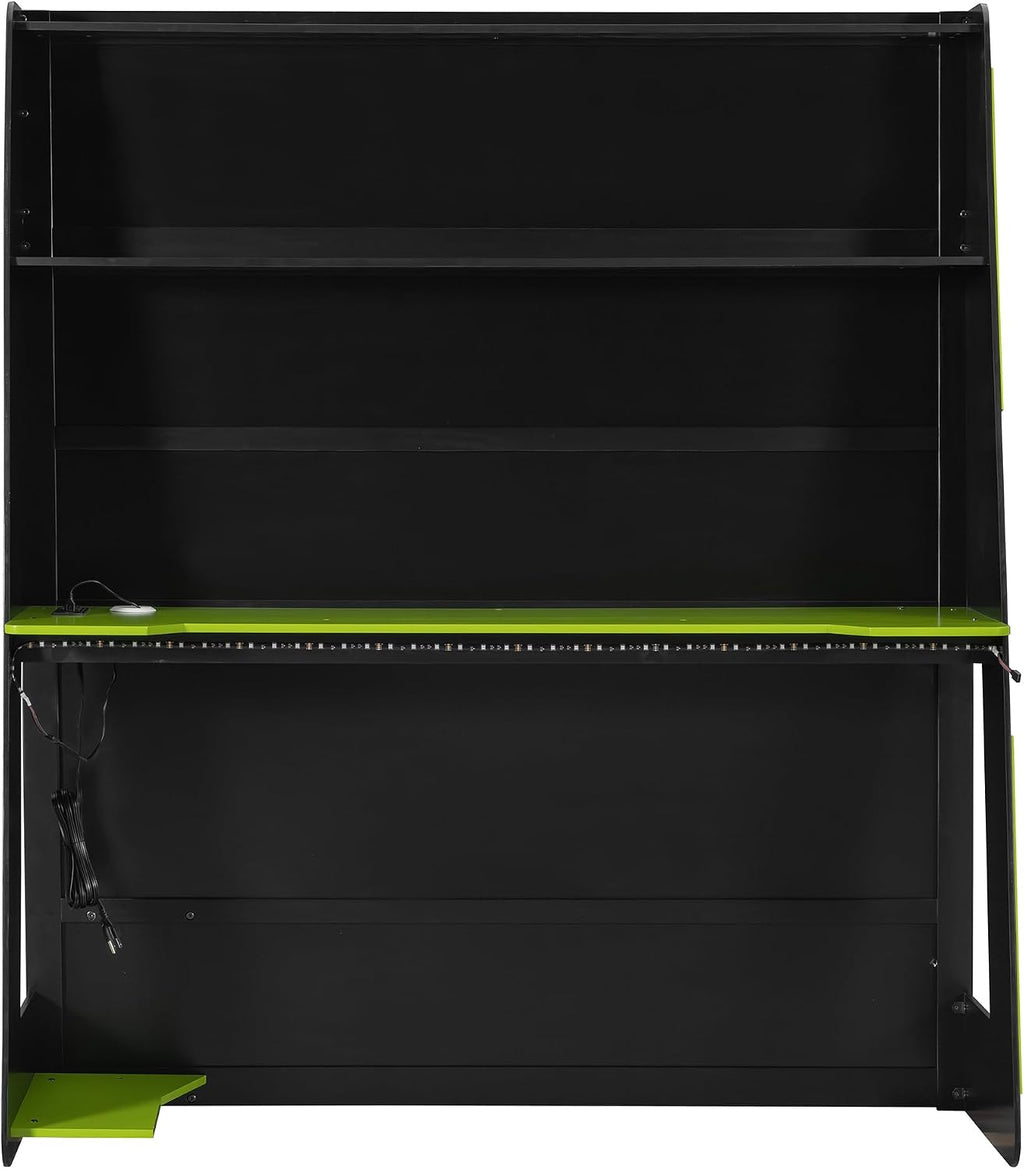 Merax Full Size Loft Bed with Desk and Multi-Storage Shelves, Wooden Gaming Loft Bed Frmae with Light and Charging Station, Space-Saving Bed with Safety Guardrail, No Box Spring Needed, Green