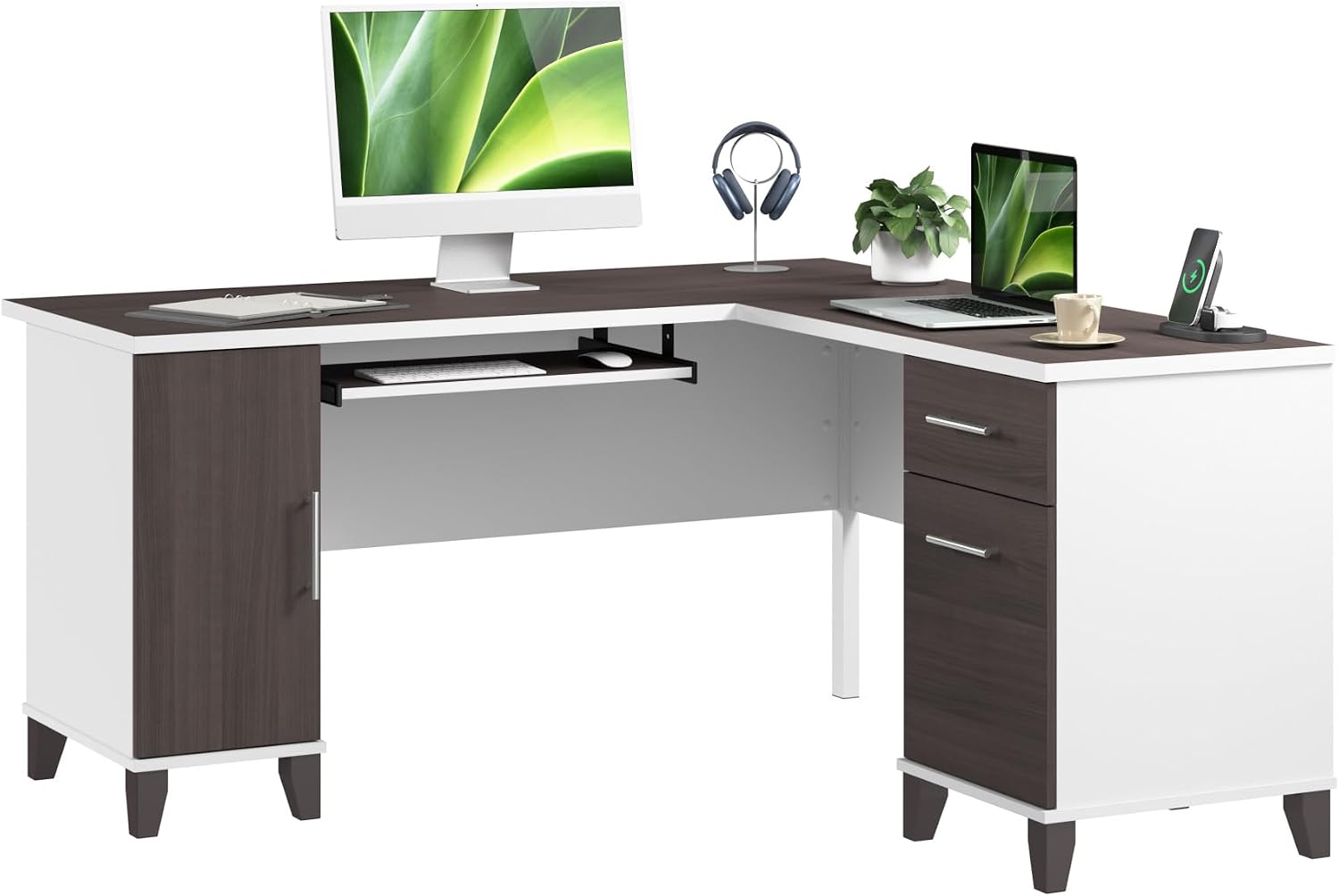 Bush Home 60-Inch L-Shaped Desk with Storage, Corner Computer Office Desk with Drawers and Storage Cabinet, Home Office Furniture, Somerset Collection, Storm Gray and White