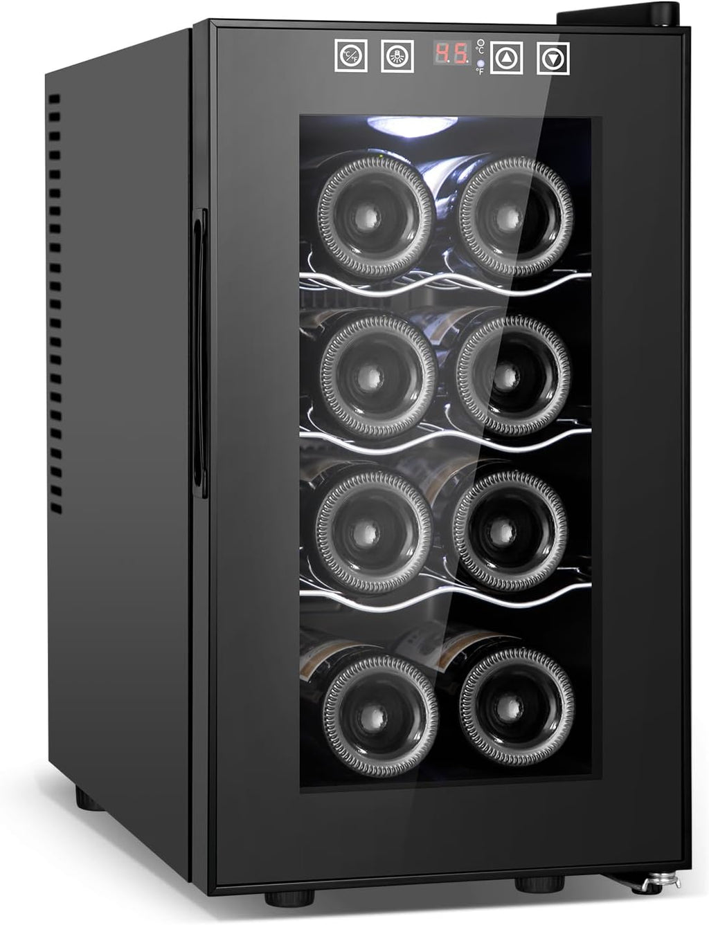 Tylza 8 Bottles Wine Fridge, Wine Cellar with Low-E Tempered Glass Door, LED Touchscreen, Lock, Frost Free, No Vibration, Wine Cooler Refrigerator for Red, White, Champagne or Sparkling Wine, Black