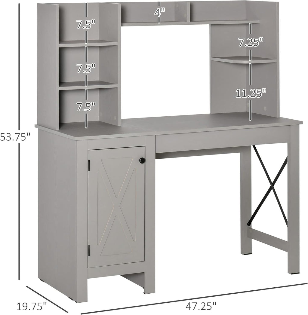 HOMCOM 47 Inch Farmhouse Computer Desk with Hutch and Cabinet, Home Office Desk with Storage, for Study, Light Gray