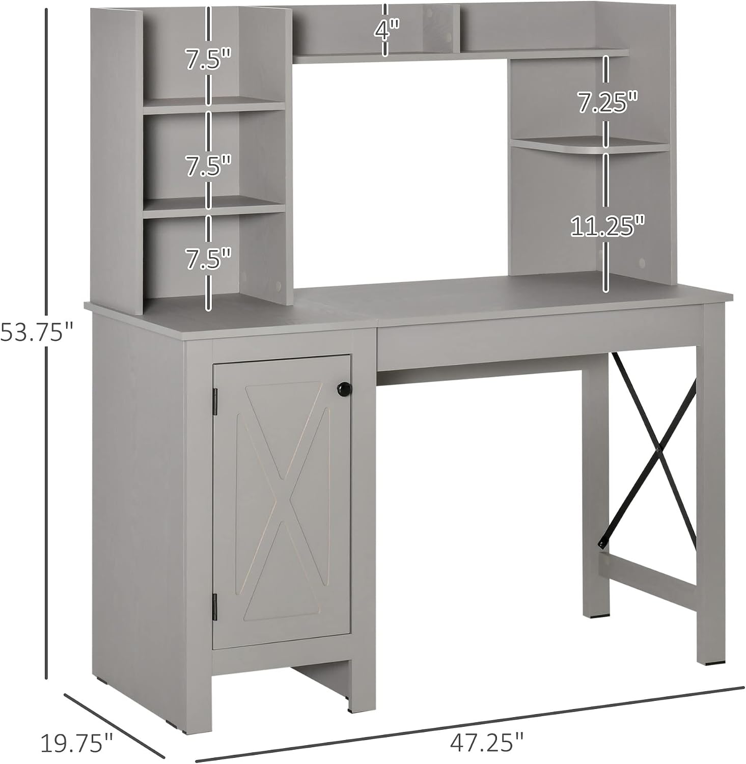 HOMCOM 47 Inch Farmhouse Computer Desk with Hutch and Cabinet, Home Office Desk with Storage, for Study, Light Gray