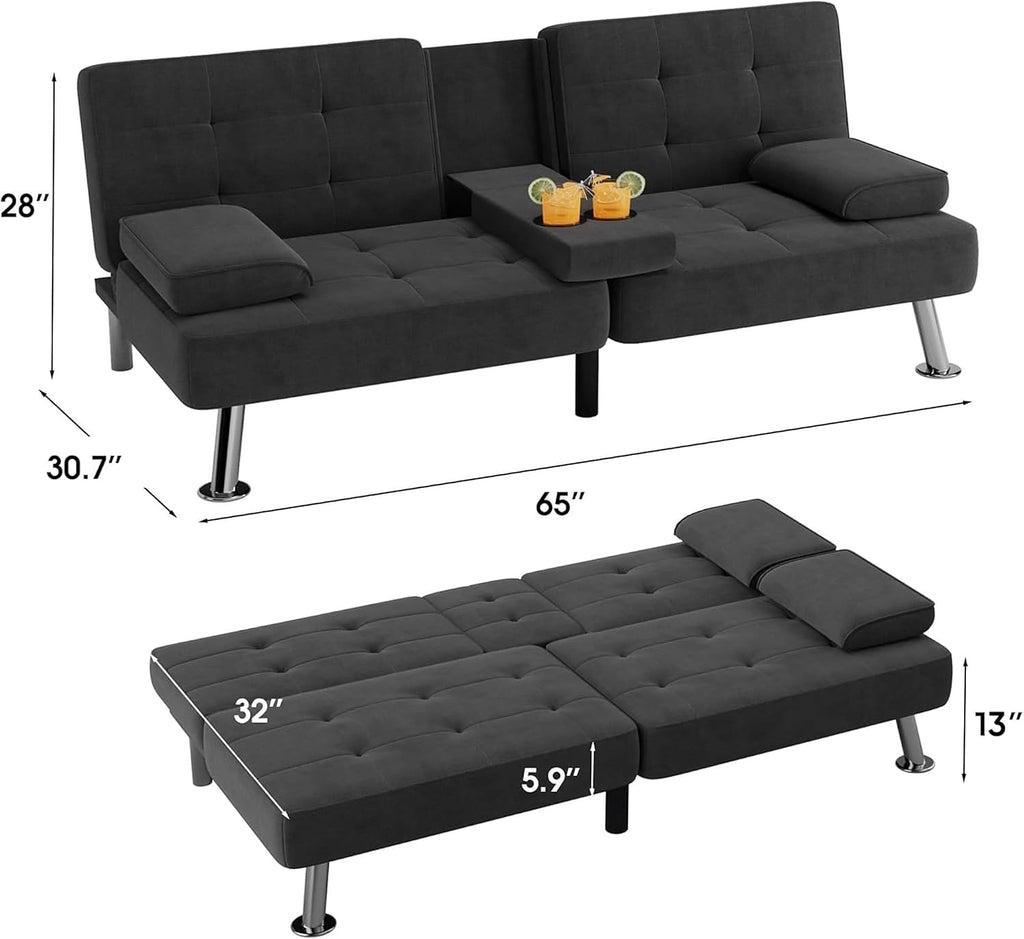 Flamaker Futon Sofa Bed Modern Folding Futon Set Linen Fabric Convertible Recliner Lounge for Living Room with 2 Cup Holders, Removable Armrests (Fabric, Carbon Black)