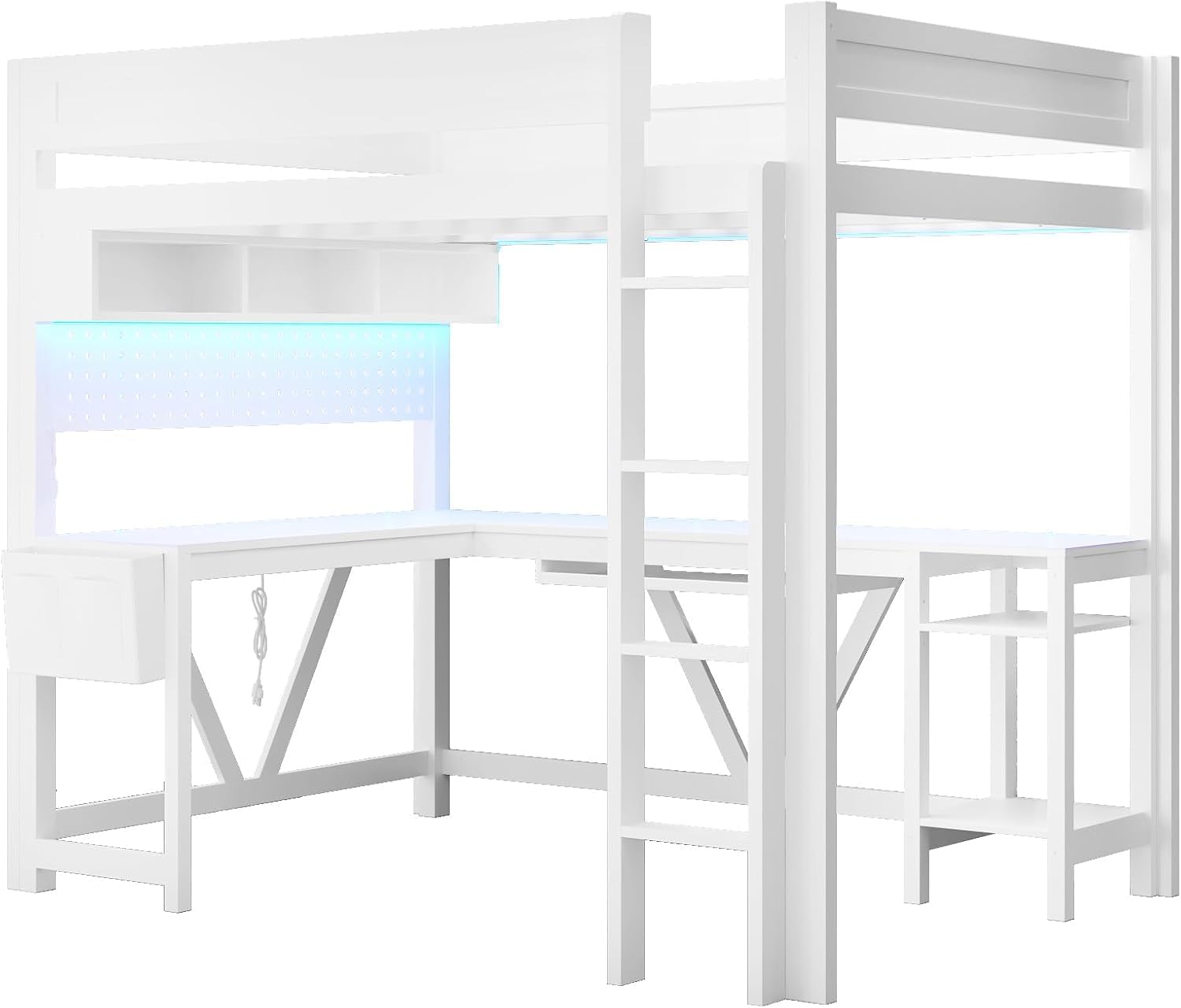 Virubi Full Gaming Loft Bed with Desk and Storage Shelves, LED RGB and Charging Station, Wood High Loft Bed with Storage Case, Ladders,and Guardrails for Adults Teens (White)