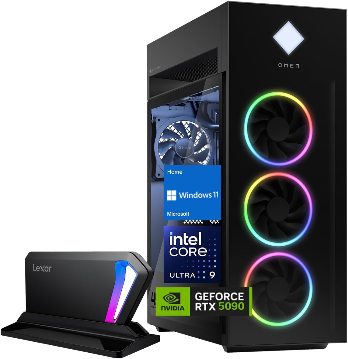 HP OMEN 45L GT22 RTX 5090 Gaming Desktop, Intel Ultra 9 285K, NVIDIA RTX 5090, 64GB DDR5 RAM, 2TB SSD, RGB Light Studio & Gaming Hub,Wi-Fi 6, W11H, Bundle with Lexar SL660 512GB Portable SSD