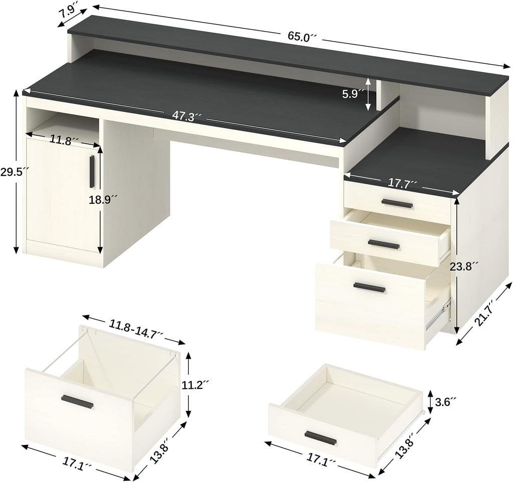 YOMILUVE 65 Inch Computer Desk with 3 Drawers & Storage Shelves, Executive Desk with File Drawer & Cabinet, Home Office Desk with Long Monitor Stand & Printer Shelf, Black & White