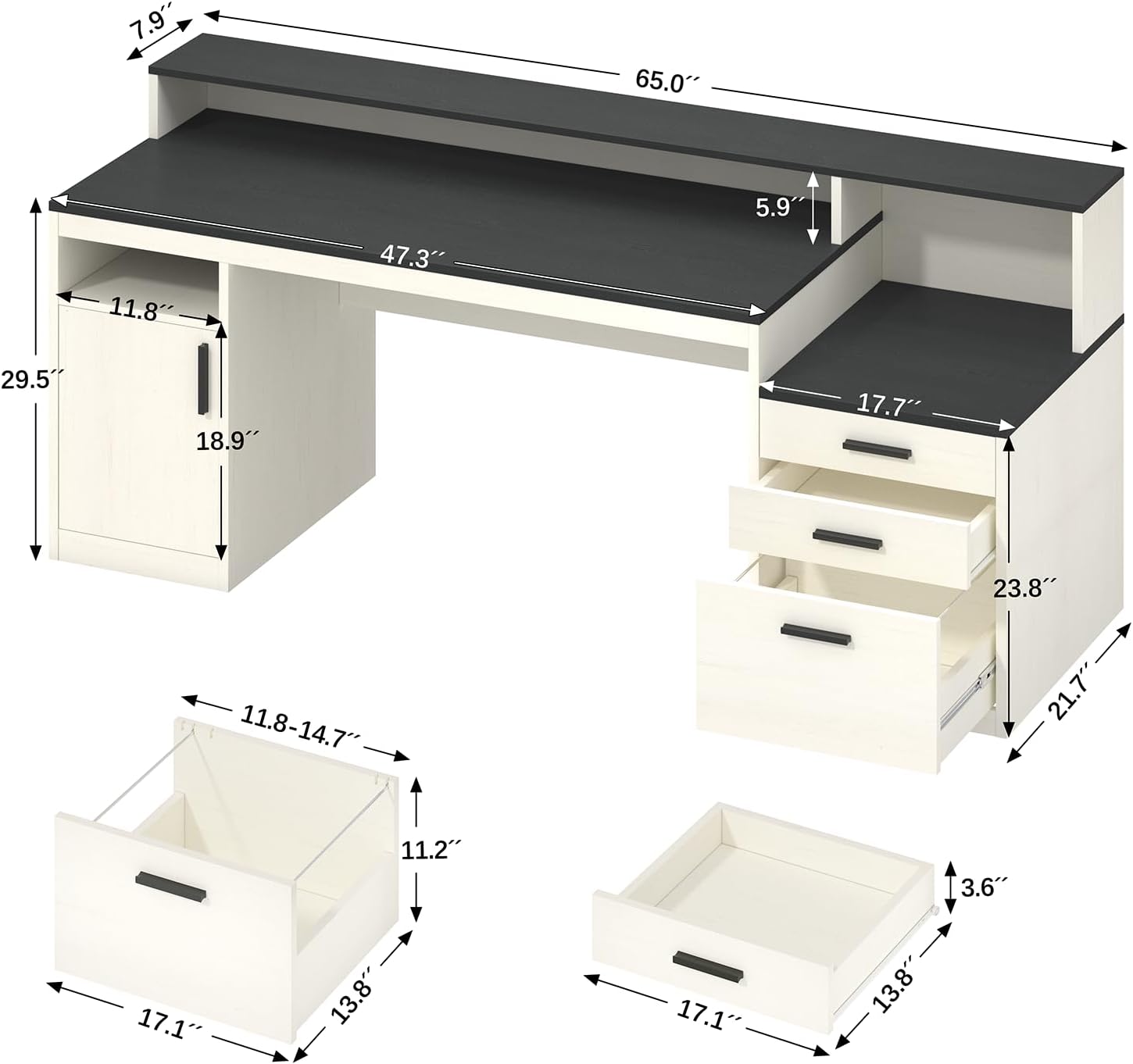 YOMILUVE 65 Inch Computer Desk with 3 Drawers & Storage Shelves, Executive Desk with File Drawer & Cabinet, Home Office Desk with Long Monitor Stand & Printer Shelf, Black & White