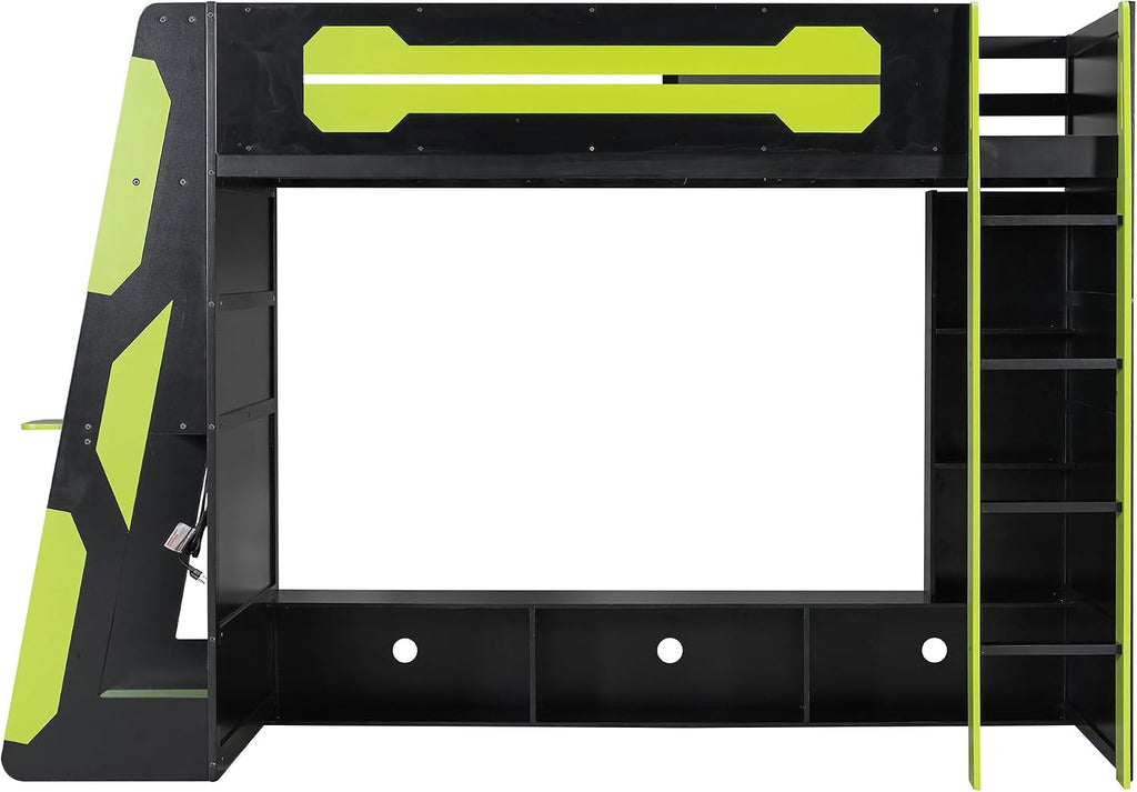 Merax Twin Size Gaming Loft Bed with Desk and Multi-Storage Shelves, Wooden Loft Bed Frmae with Light, Space-Saving Bed with Safety Guardrail