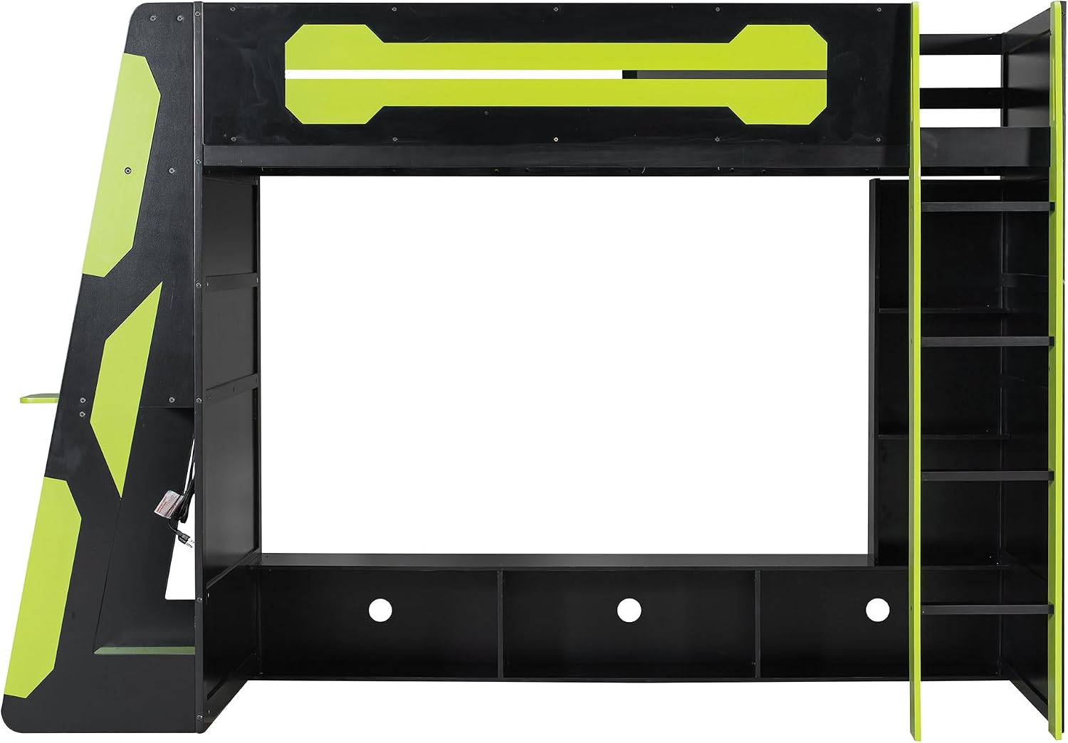 Merax Twin Size Gaming Loft Bed with Desk and Multi-Storage Shelves, Wooden Loft Bed Frmae with Light, Space-Saving Bed with Safety Guardrail