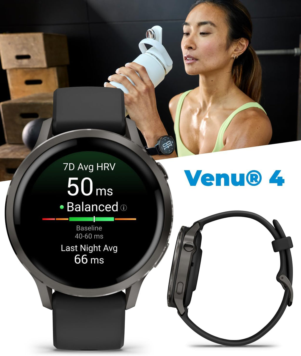 Garmin Venu 4 41mm AMOLED Advanced Health & Fitness GPS Smartwatch, Bright & Colorful Display, Built-in Flashlight, Up to 10 Days, Slate with Black Silicone Band w/Wearable4U Black Earbuds Bundle