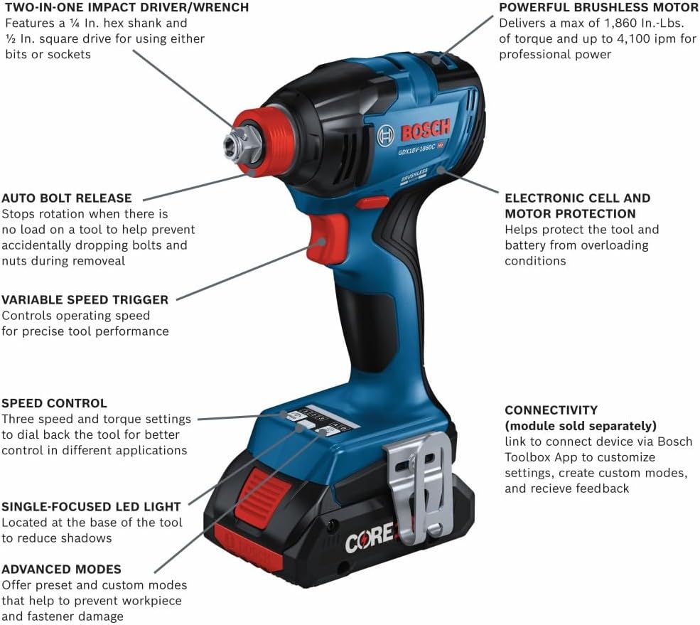 Bosch GXL18V-227B25 18V 2-Tool Combo Kit with Connected-Ready Two-In-One 1/4 In. Bit/Socket Impact Driver/Wrench, 1/2 In. Hammer Drill/Driver and (2) CORE18V® 4 Ah Advanced Power Batteries