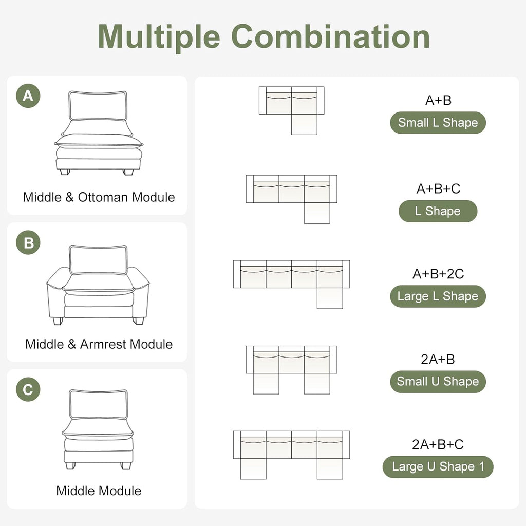Karl home Sectional Sofa Modular Deep Seat Sofa Couch with Ottoman, Chenille Sofa Sleeper Comfy Upholstered Furniture for Living Room, Apartment, Studio, Office, (3-Seat & 1-Ottoman, Green)