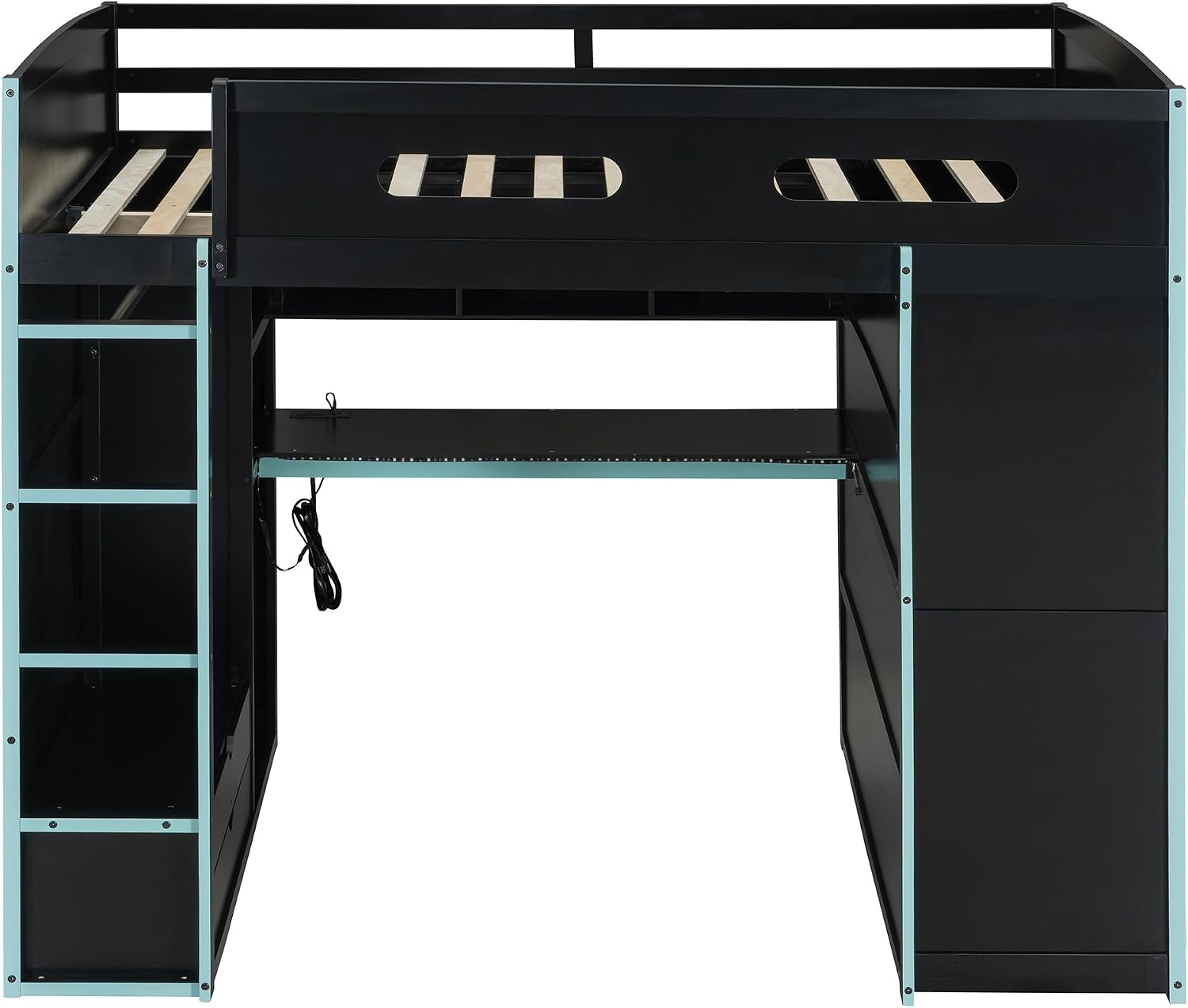 DNYN Full Size Loft Bed with Desk & Drawers & Storage Shelves & Led & Wardrobe Design for Bedroom,Gaming Style Wooden Bedframe w/Safety Guardrails & Blue Ladder,No Box Spring Needed, Black