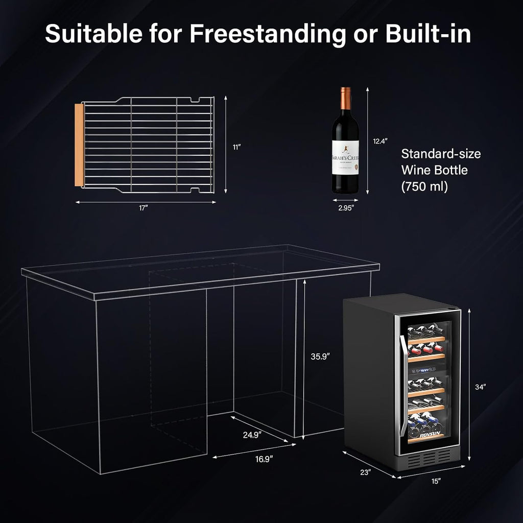 ROVSUN 15''W Dual Zone Wine Fridge with Compressor, 26 Bottles Built-in Wine Cooler Refrigerator with Touch Panel Control and Glass Door, Wine Cellar for Red, White, Champagne or Sparkling, 41-64°F