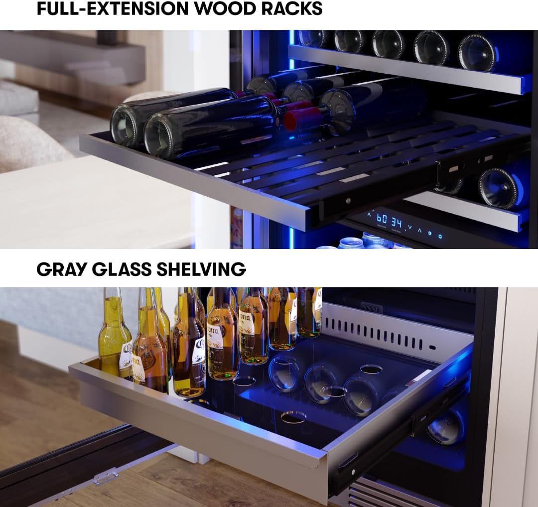 Zephyr 24 Inch Wine Fridge & Beverage Refrigerator Dual Zone Full Size - Tall Wine Cooler Cellars Large Bar Drink Cabinet Freestanding with Glass Door - 161x12oz cans & 54x750 ml bottles