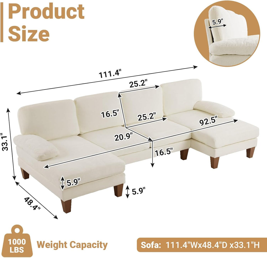 VINGLI 110' Sectional Couches for Living Room,U Shaped Couch with Double Chaise, 4-Seat Sofa Set with Chenille Fabric for Home Furniture,Beige