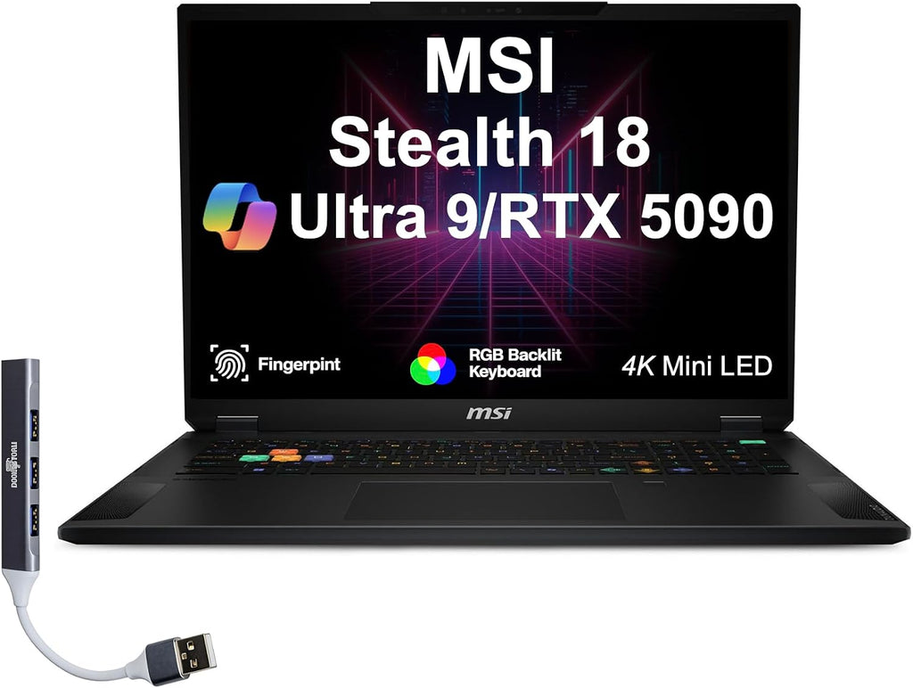 msi Stealth 18 HX AI 18' UHD Gaming Laptop (Intel Ultra 9-275HX, GeForce RTX 5090 24GB, 64GB DDR5, 2TB SSD, Per-Key RGB Keyboard, 2 Thunderbolt 4, WiFi 7, Win 11 Pro) w/DKZ USB Port Expander