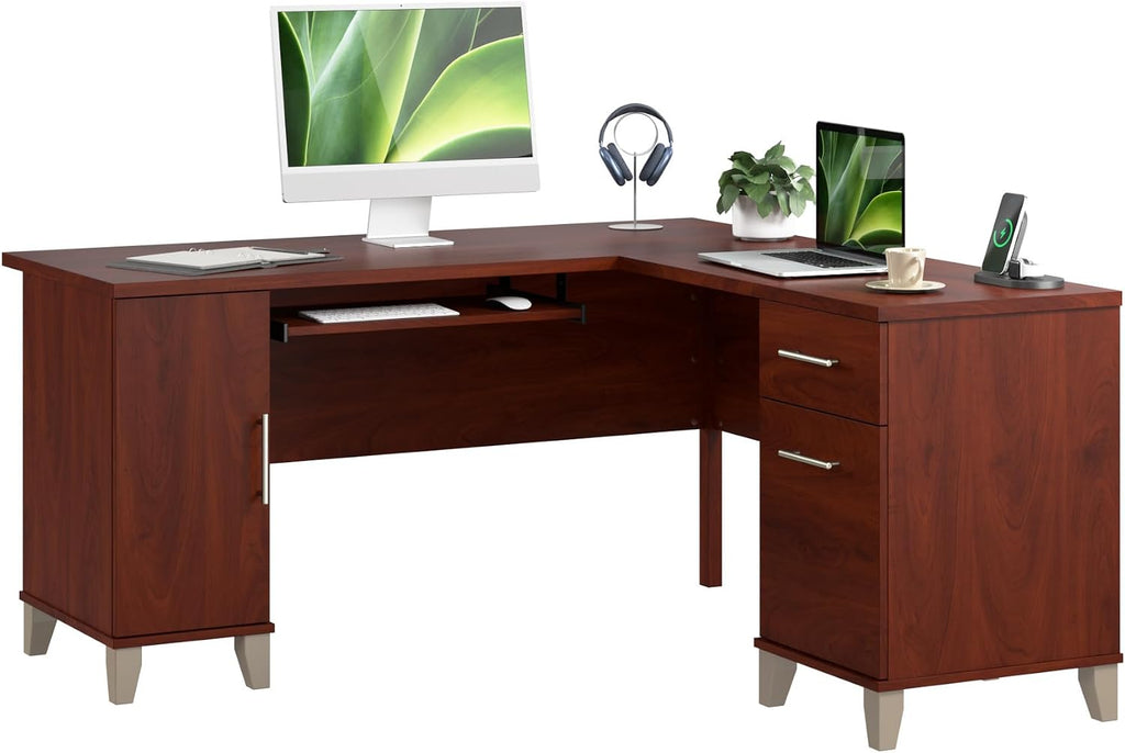 Bush Home 60-Inch L-Shaped Desk with Storage, Corner Computer Office Desk with Drawers and Storage Cabinet, Home Office Furniture, Somerset Collection, Hansen Cherry