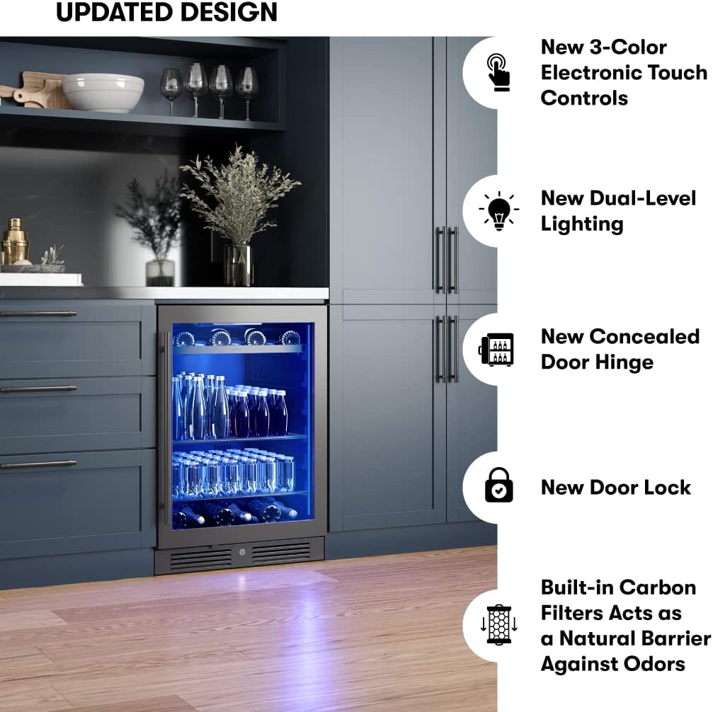 Zephyr 24' Wine Fridge & Beverage Refrigerator Single Zone Under Counter - Mini Wine Cooler Cellars Small Beer Cabinet Drink Chiller Freestanding with French Glass Door Black, 7 Bottles, 112 Cans
