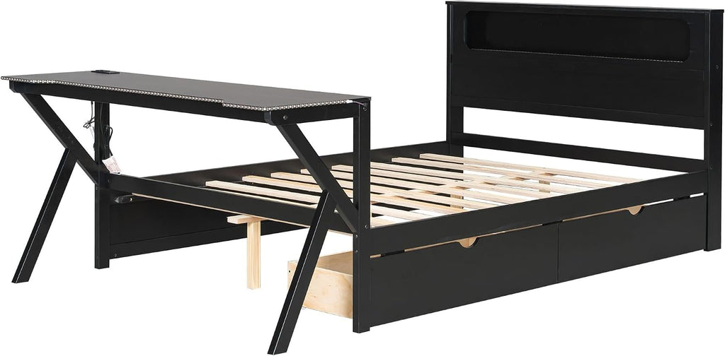Merax Full Size Gaming Platform Bed with LED Headboard and LED Desk, Wooden Corner Bed with USB and Two Storage Drawers