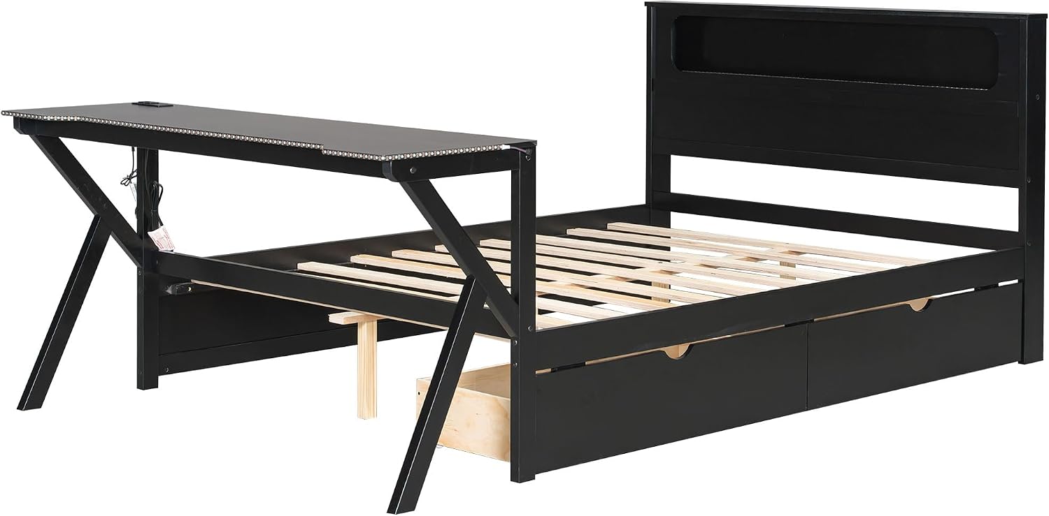 Merax Full Size Gaming Platform Bed with LED Headboard and LED Desk, Wooden Corner Bed with USB and Two Storage Drawers