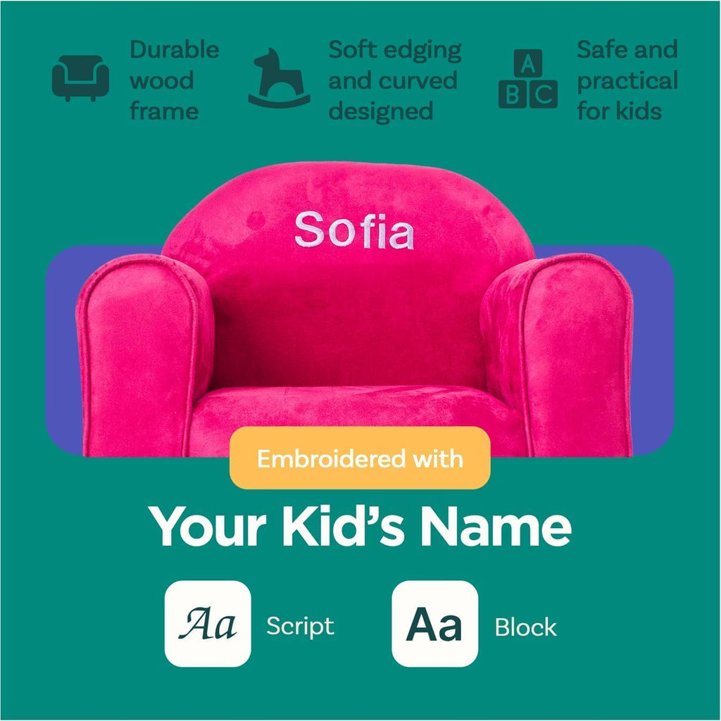 Personalized Toddler Chair, Customize with Name, Soft Microsuede Upholstery, Embroidered Kids Armchair, Sturdy Wooden Frame, Easy to Clean, Ages 2–5, Gift-Ready Toddler Chair for Playrooms.