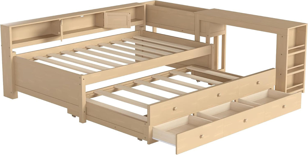 SOFTSEA Twin Size Corner Bed with Trundle & Storage Drawers, Wood Daybed with Desk and Bookcase Headboard, Twin Corner Daybed with Storage Shelves for Kids Teens Adults, Golden
