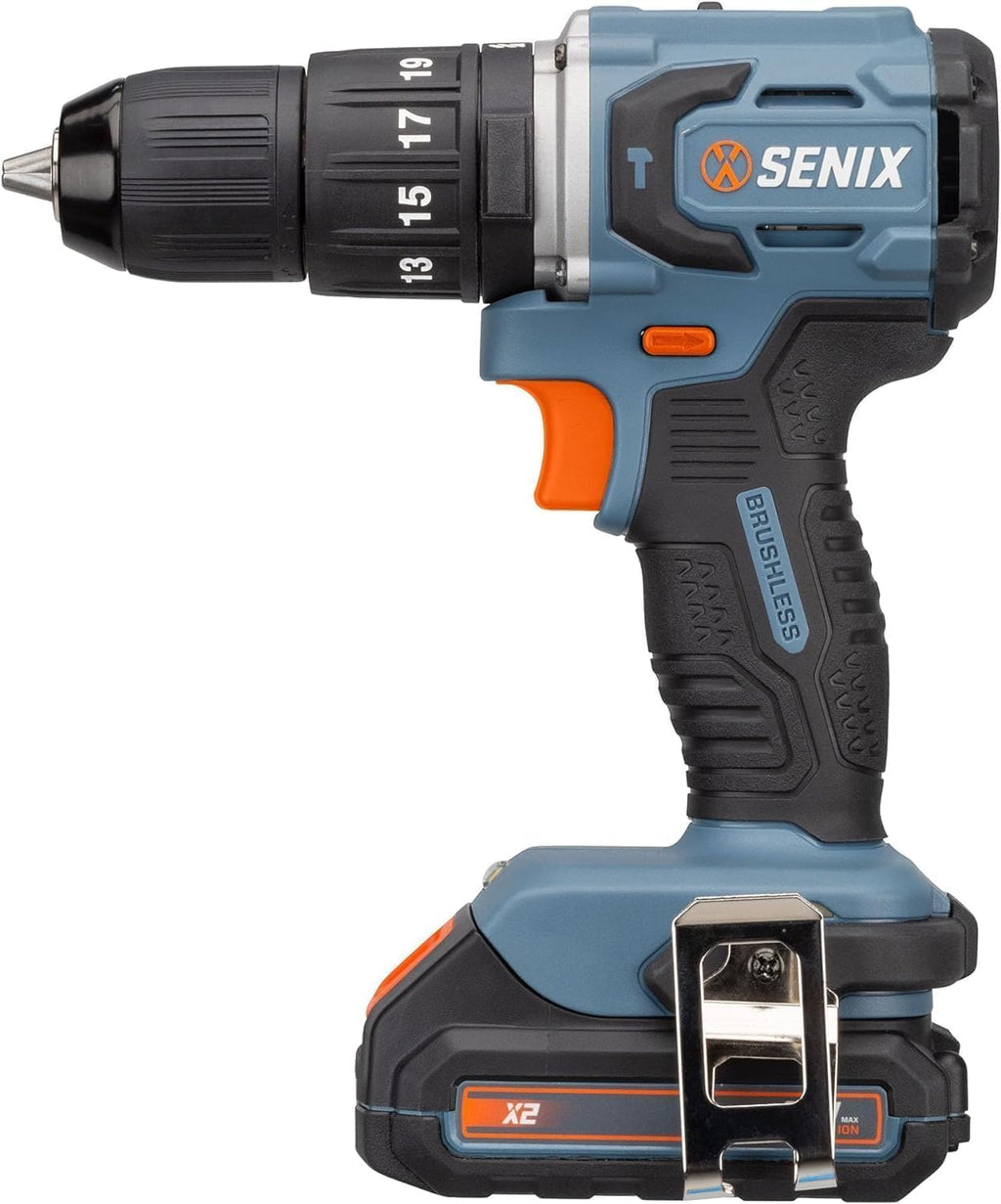 SENIX X2 20 Volt Max* Cordless 1/2-Inch Hammer Drill Driver with Brushless Motor, Power Tool Kit Includes Storage Bag, 2.0 Ah Battery,Charger,Safety Glasses (PDHX2-M2)