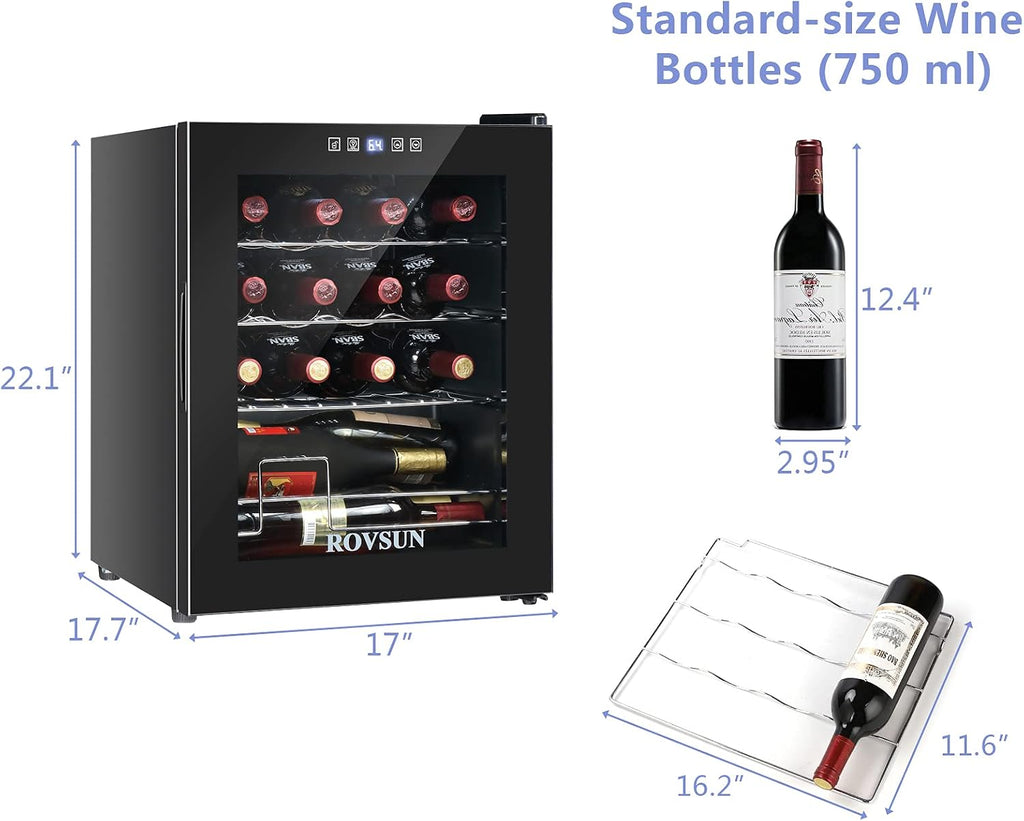 ROVSUN 22''H Small Wine Fridge with Compressor, 16 Bottles Freestanding Wine Cooler Refrigerator with Touch Panel Control and Glass Door, Wine Cellar for Red, White, Champagne or Sparkling, 41-64°F