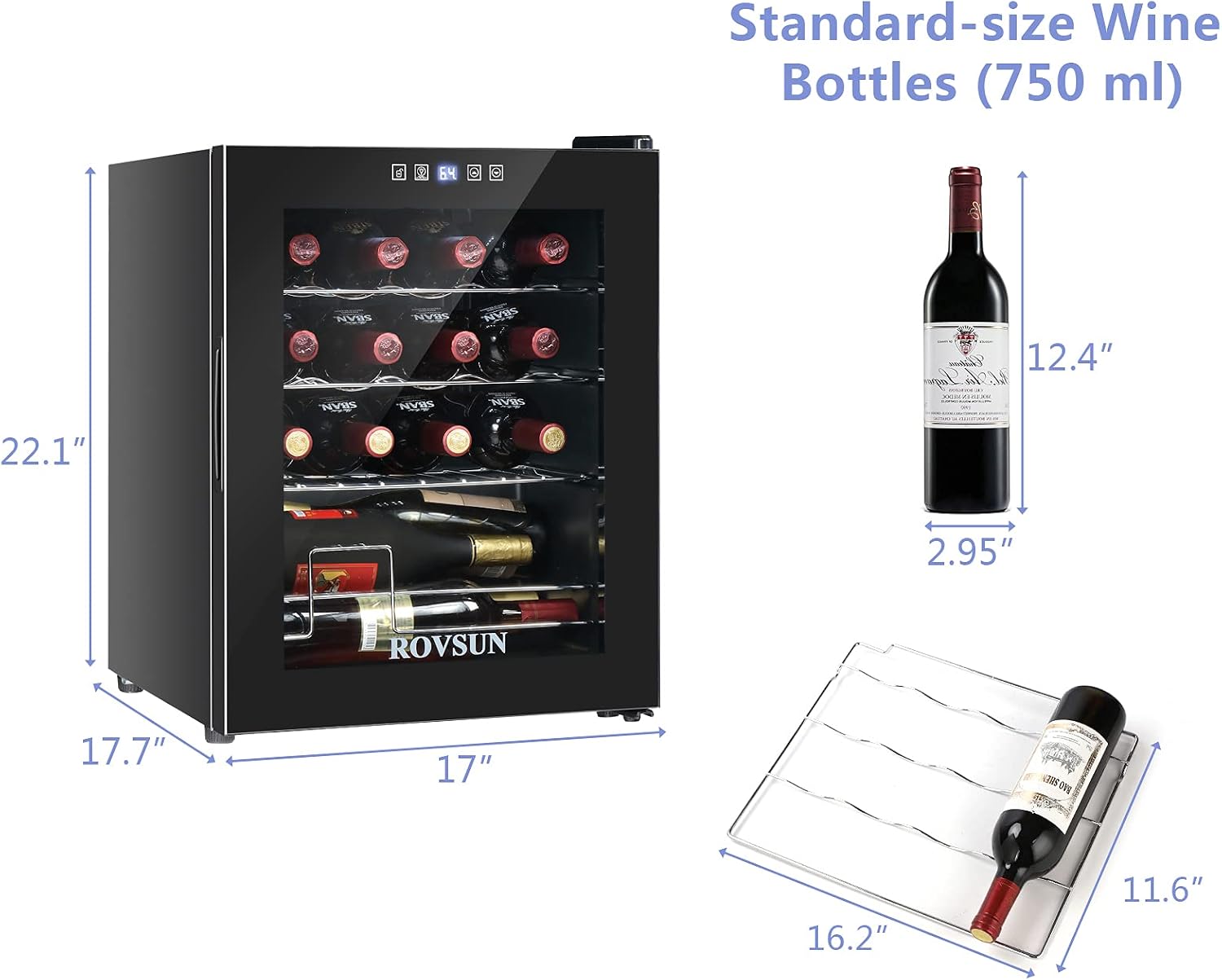 ROVSUN 22''H Small Wine Fridge with Compressor, 16 Bottles Freestanding Wine Cooler Refrigerator with Touch Panel Control and Glass Door, Wine Cellar for Red, White, Champagne or Sparkling, 41-64°F