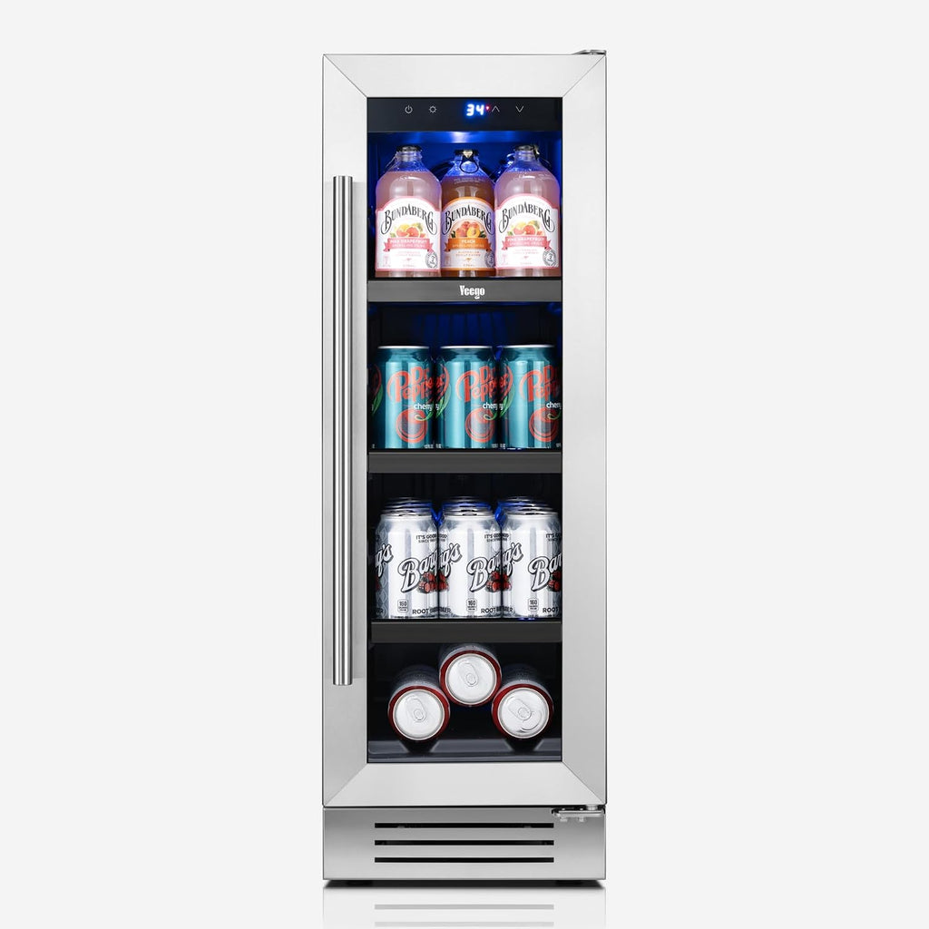 Yeego Beverage Refrigerator & Drink Fridge - 12 inch 60 Cans Beer Cooler Glass Door, 34-54℉ Under Counter Refrigerator Built-in for Drink Soda Wine for Bar Office Bedroom