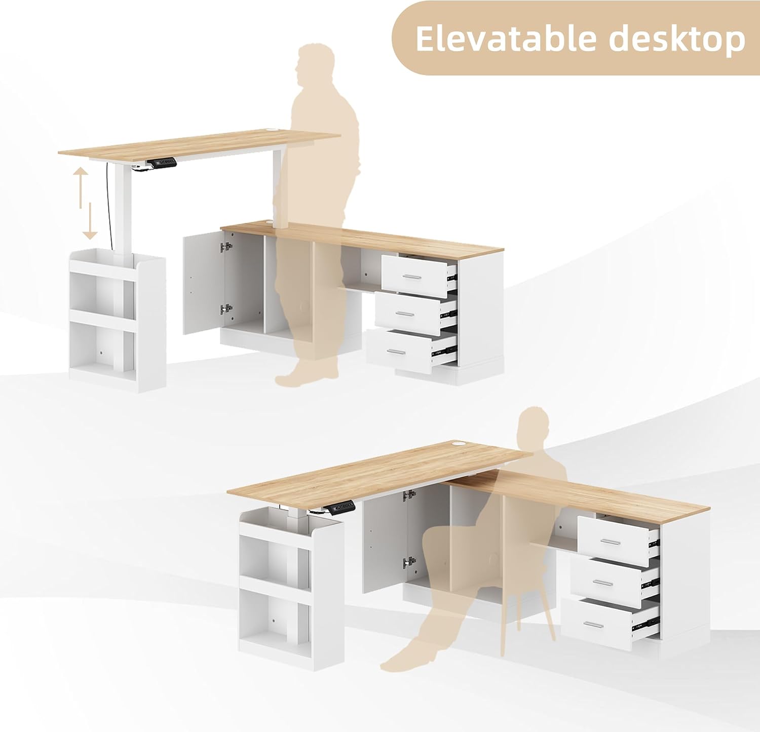 63' W Height Adjustable Standing Desk with Drawers & Cabinet, Electric Stand up Desk with Storage, L Shaped Home Office Table Corner Computer Workstation, White & Oak (28.4'-45.8' H)
