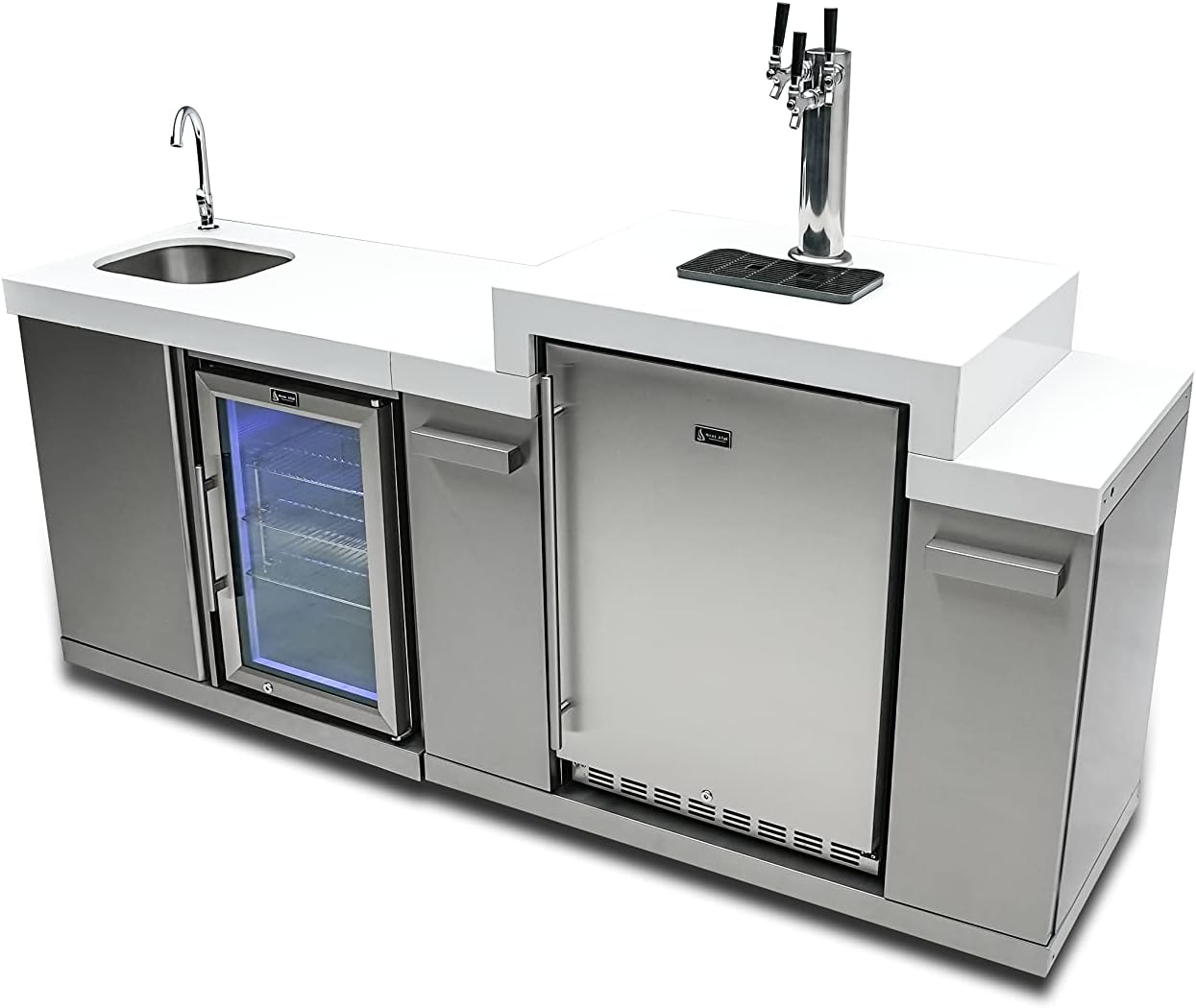 Mont Alpi Bar Series MA-BEVKEG Stainless Steel Outdoor Rated 3 Beer Tap Kegerator Keg Center Dispenser + Beverage Center with Compact Refrigerator + Granite Countertops